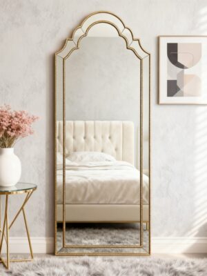 Arched Leaner Mirror 180x80cm, Gold Decorative Full-Length Mirror with Beaded Frame, Floor Standing/Lean-to-Wall Vanity Mirror for Bedroom/Living Room, Customizable Size & Color